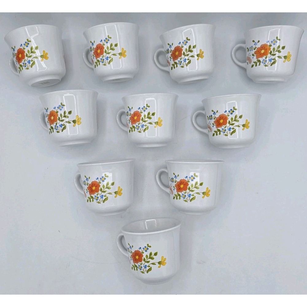 10 Set Lot - Corning Ware 70s Corelle Wildflower Coffee Tea Cups Mugs - VG